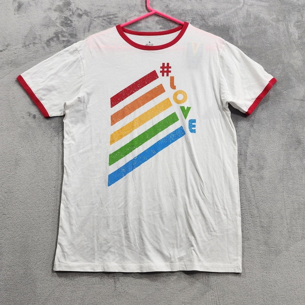 NEW Pride Shirt Men S White #LOVE Rainbow Graphic Tee Ringer LGBTQ Casual Summer
